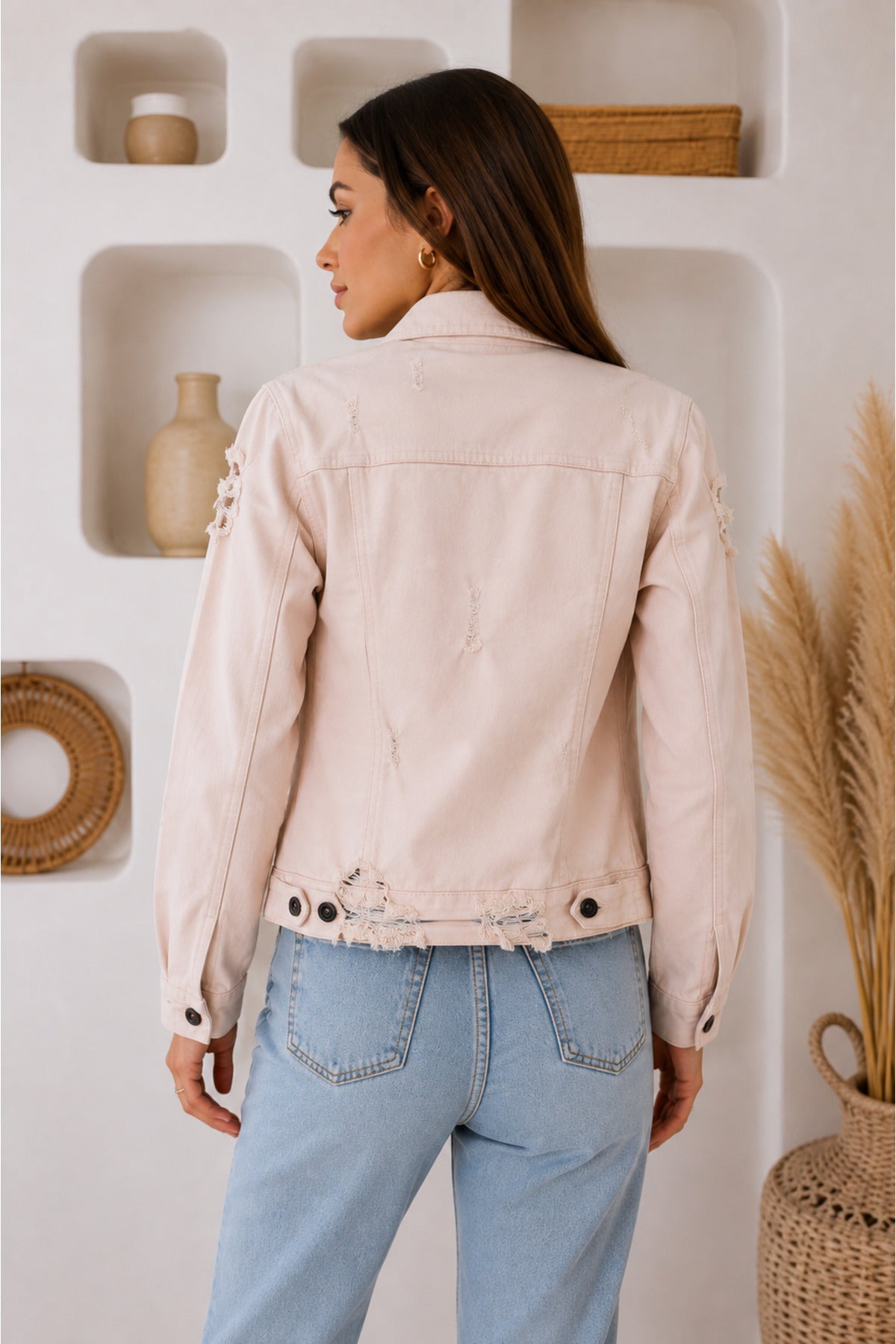 Ekru Jean Ceket Eskitme Yırtık Detaylı Oversize Denim Ceket