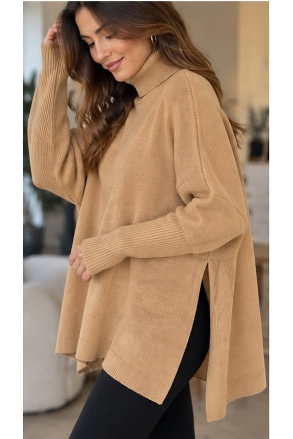 Camel Balıkçı Yaka Oversize Triko Kazak