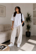 Beyaz Oversize Basic Tişört Bisiklet Yaka