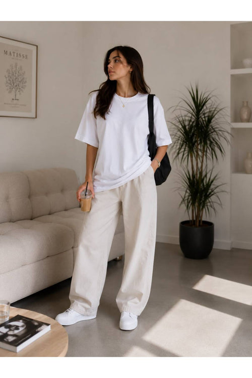 Beyaz Oversize Basic Tişört Bisiklet Yaka
