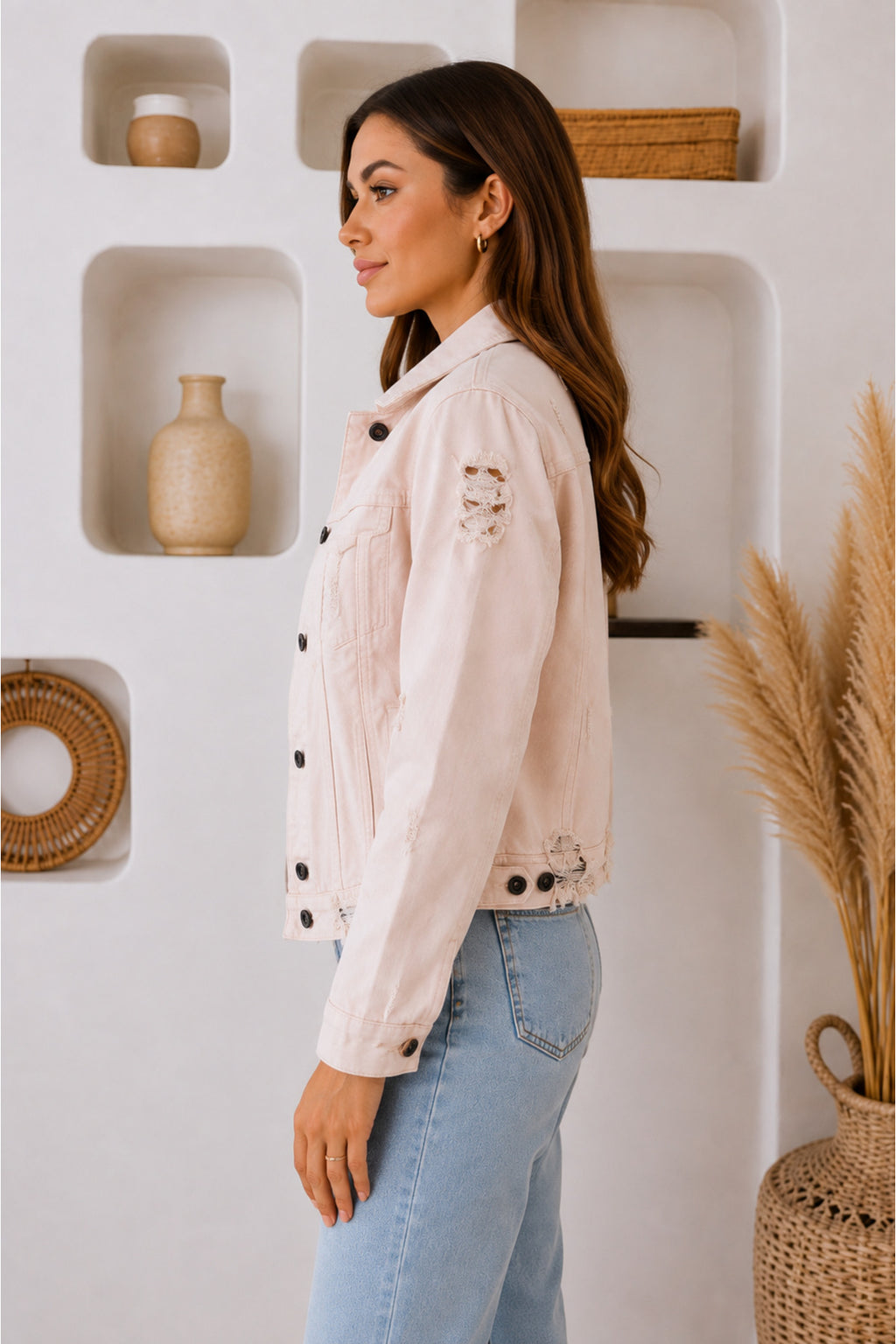 Ekru Jean Ceket Eskitme Yırtık Detaylı Oversize Denim Ceket