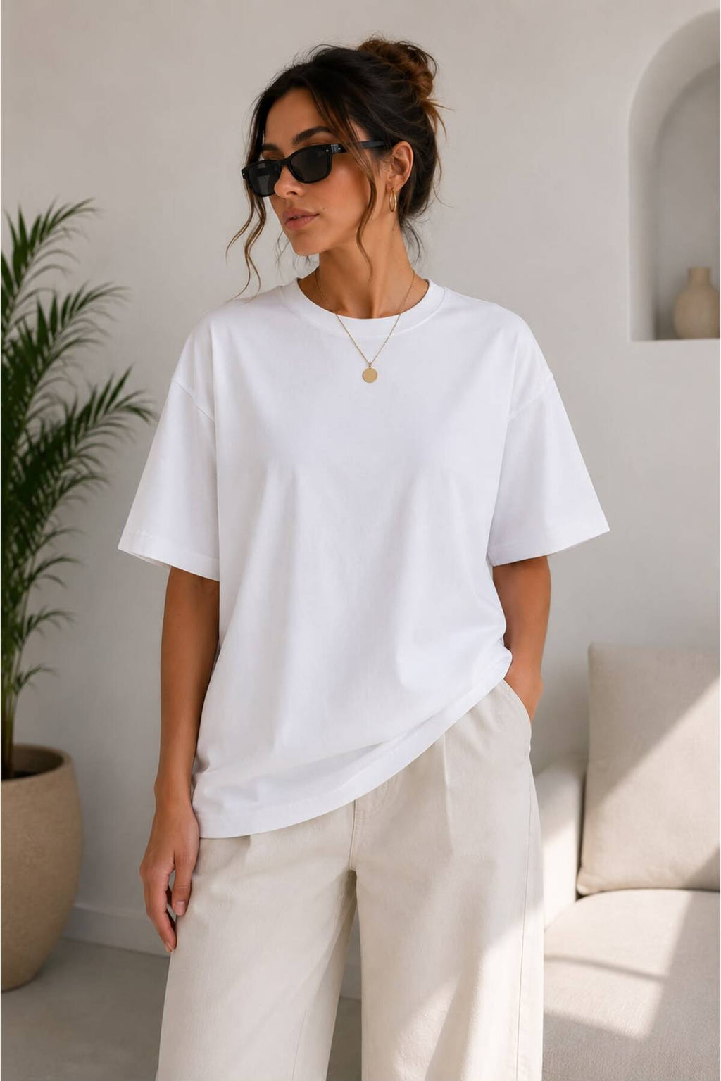 Beyaz Oversize Basic Tişört Bisiklet Yaka