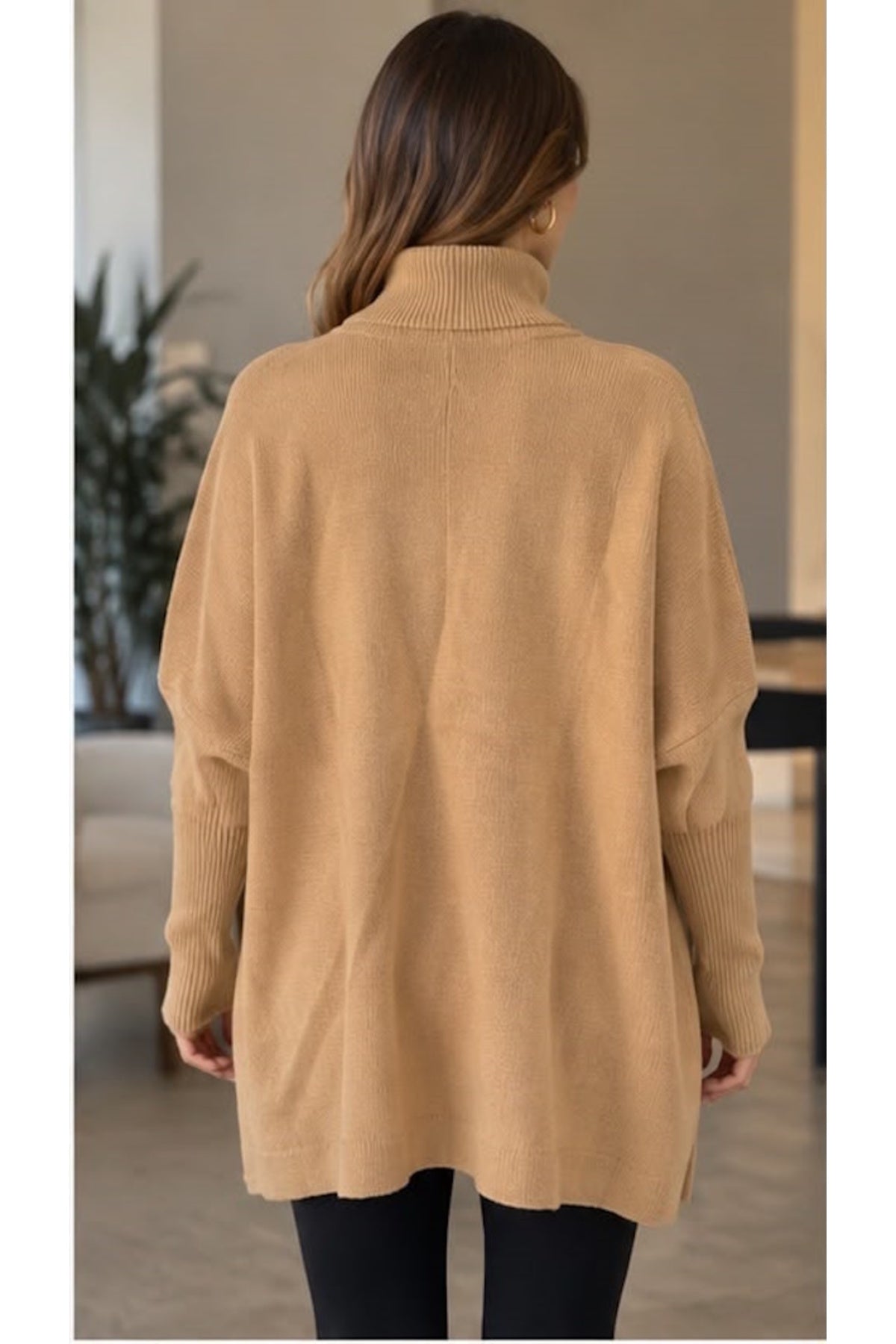 Camel Balıkçı Yaka Oversize Triko Kazak