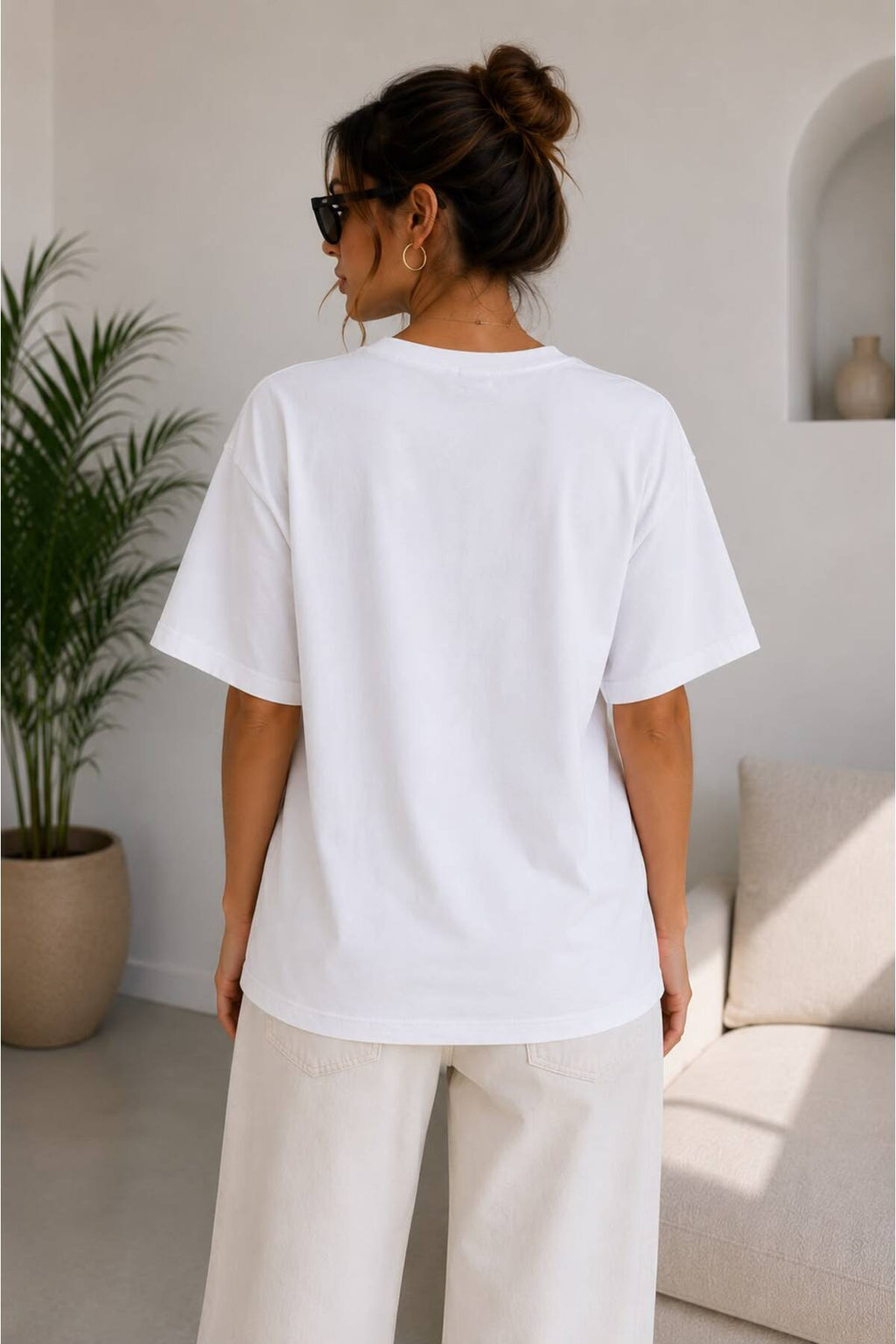 Beyaz Oversize Basic Tişört Bisiklet Yaka