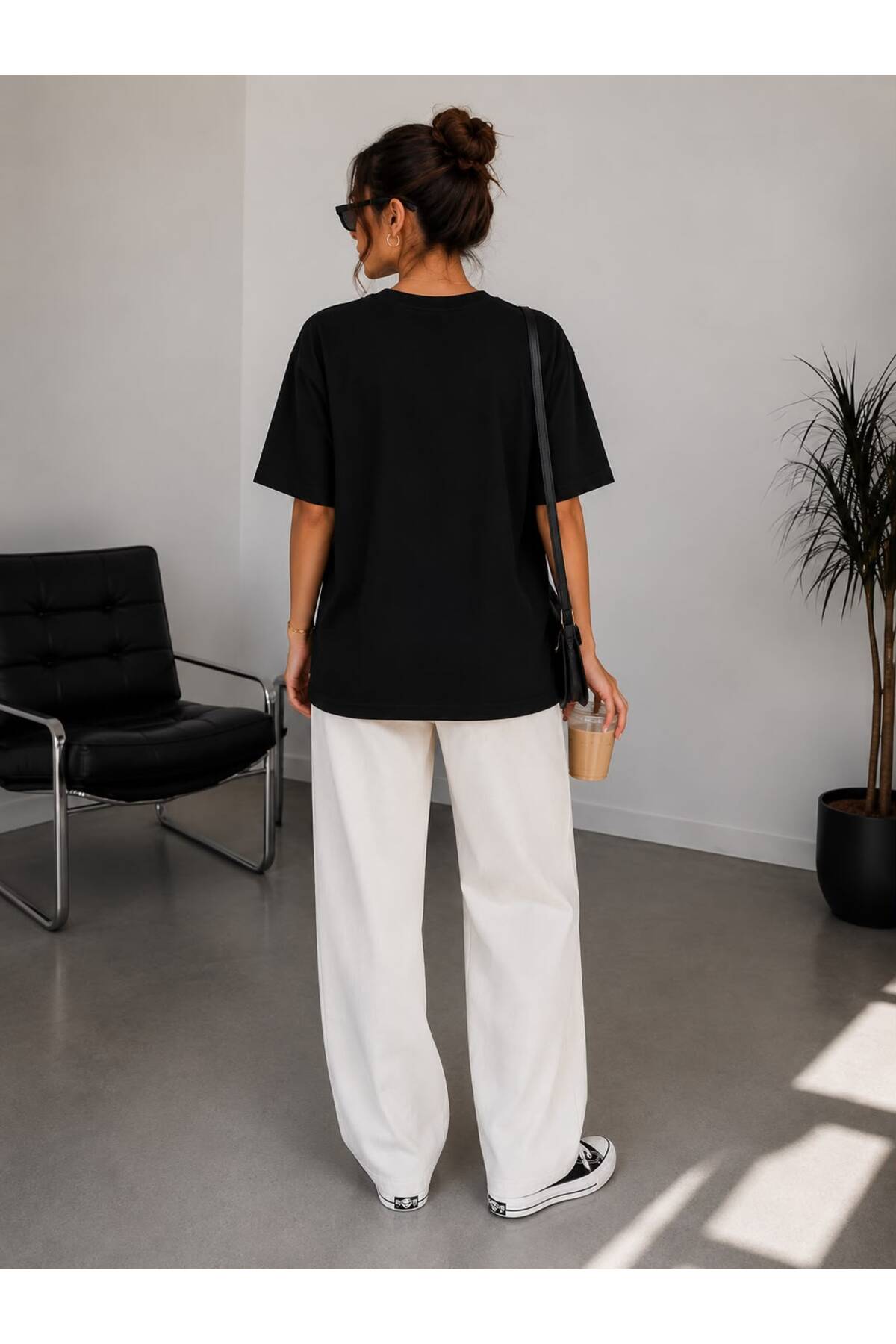 Siyah Oversize Basic Tişört Bisiklet Yaka