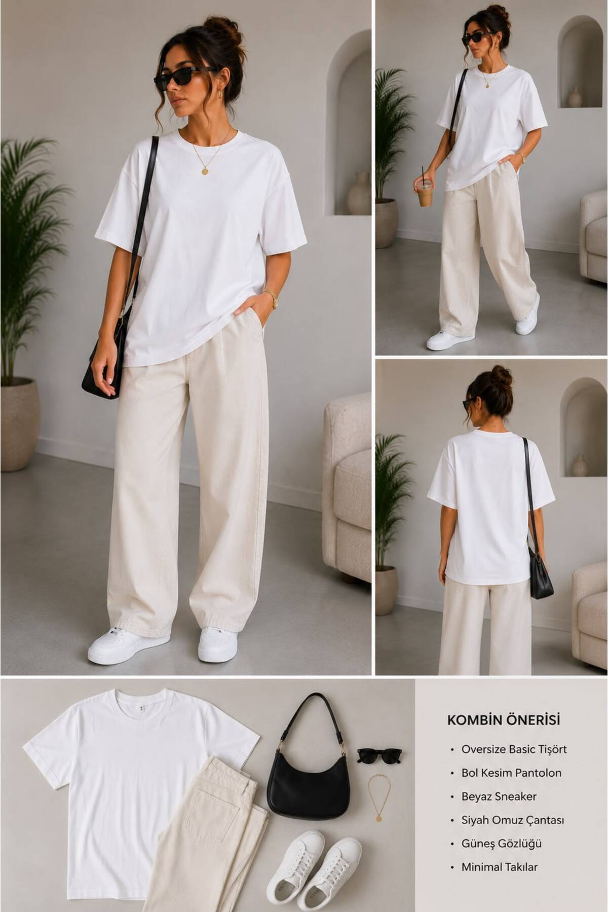 Beyaz Oversize Basic Tişört Bisiklet Yaka