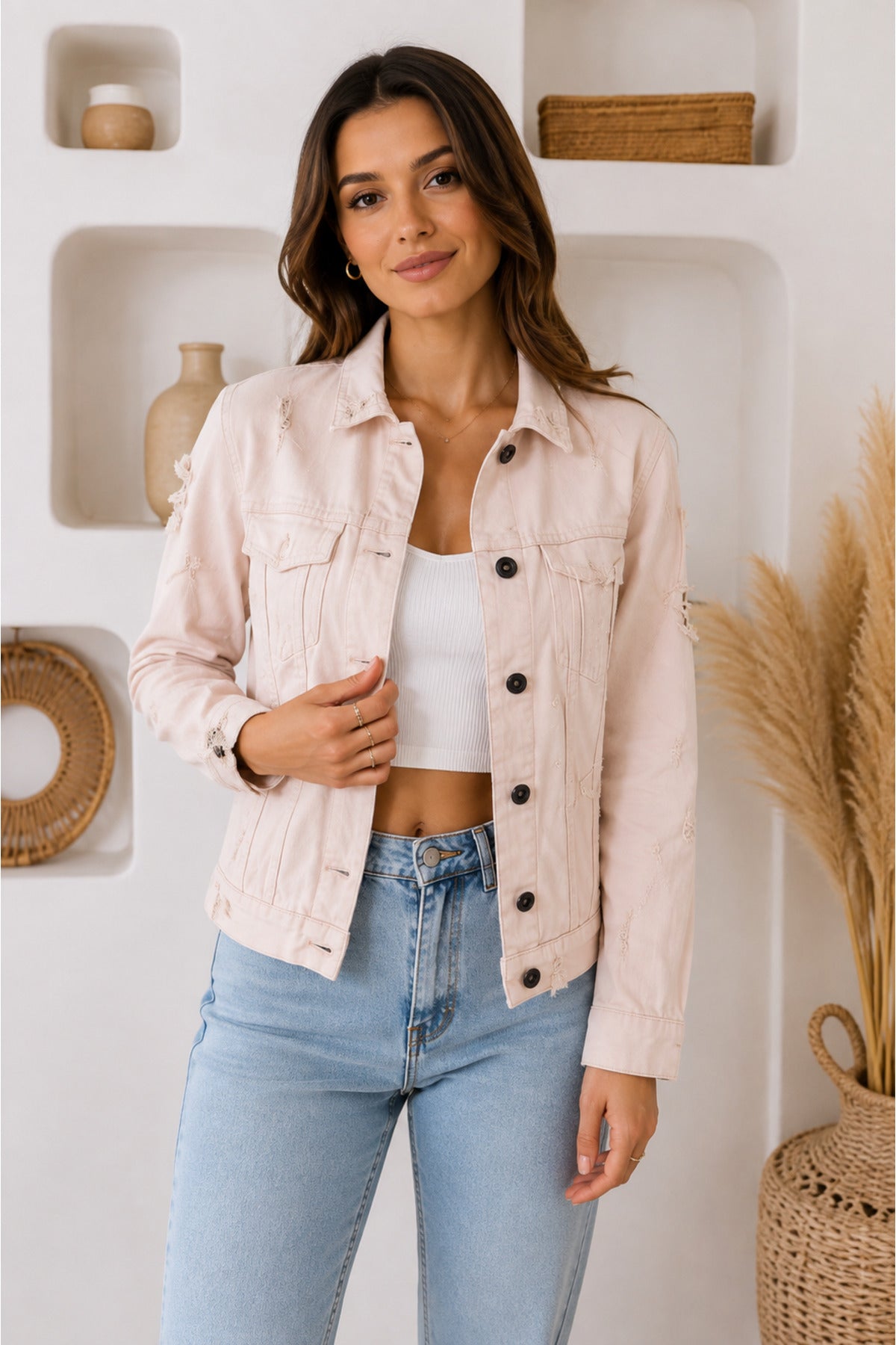 Ekru Jean Ceket Eskitme Yırtık Detaylı Oversize Denim Ceket