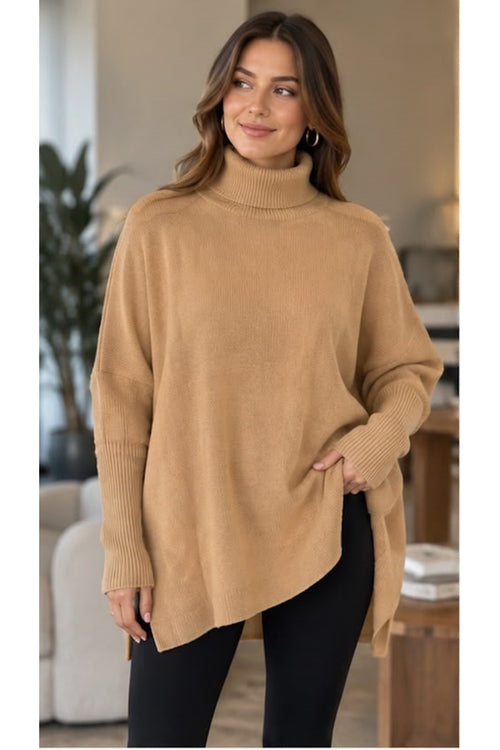 Camel Balıkçı Yaka Oversize Triko Kazak