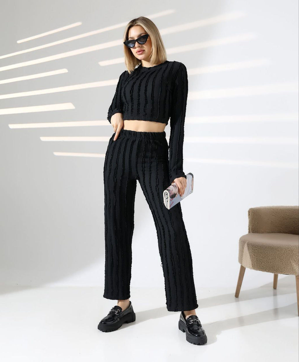 Çizgili Crop Üst Pantolon Takımı