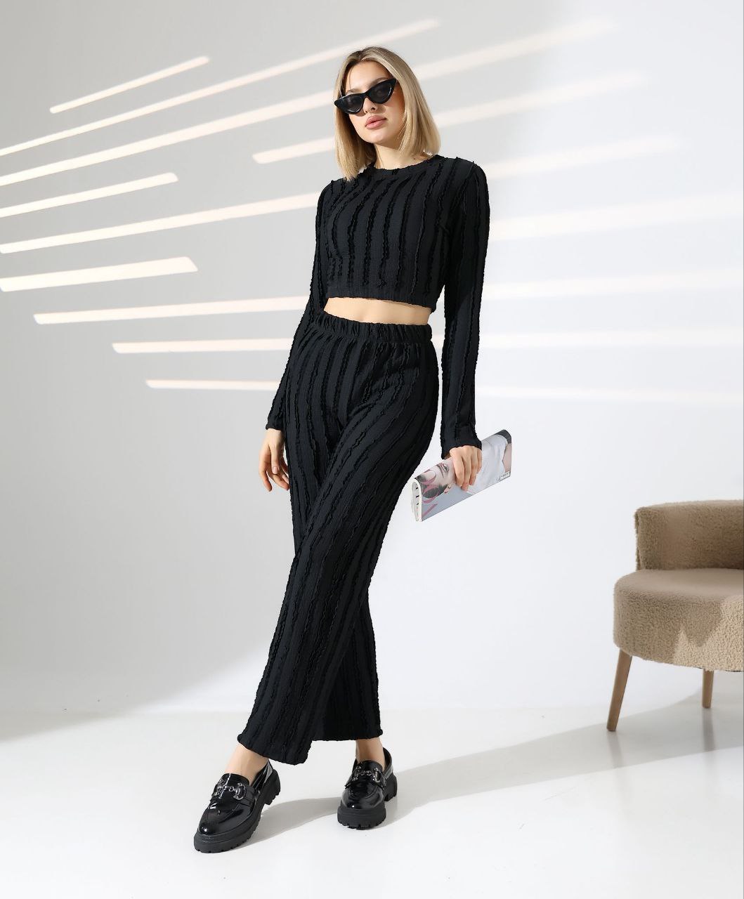 Çizgili Crop Üst Pantolon Takımı