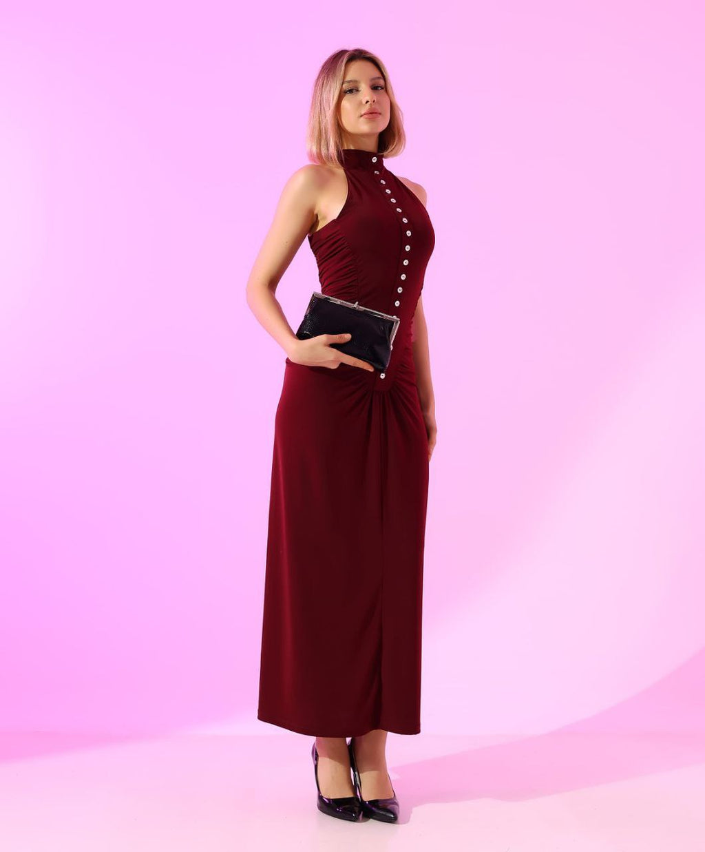 Düğmeli Halter Maxi Elbise