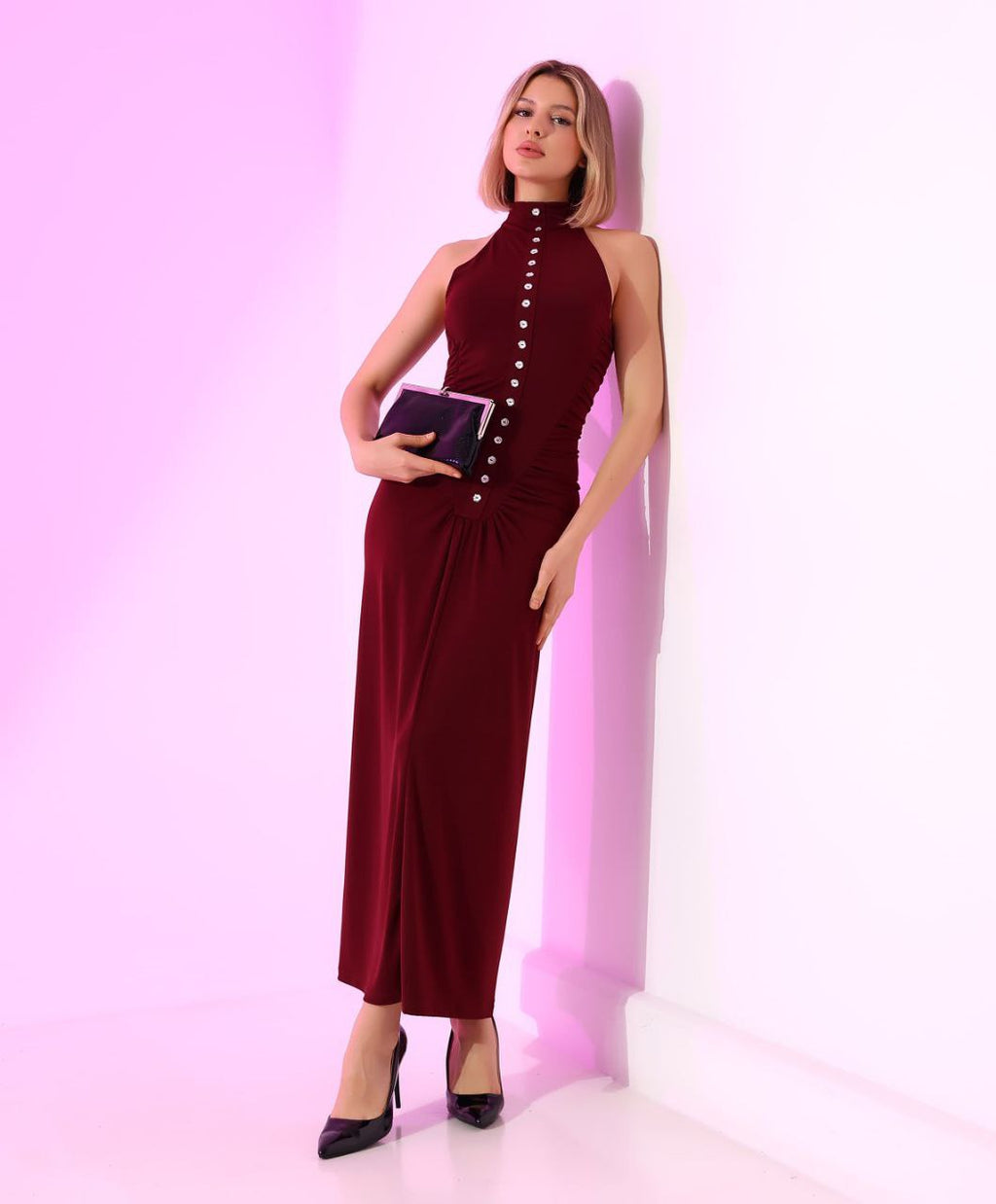 Düğmeli Halter Maxi Elbise