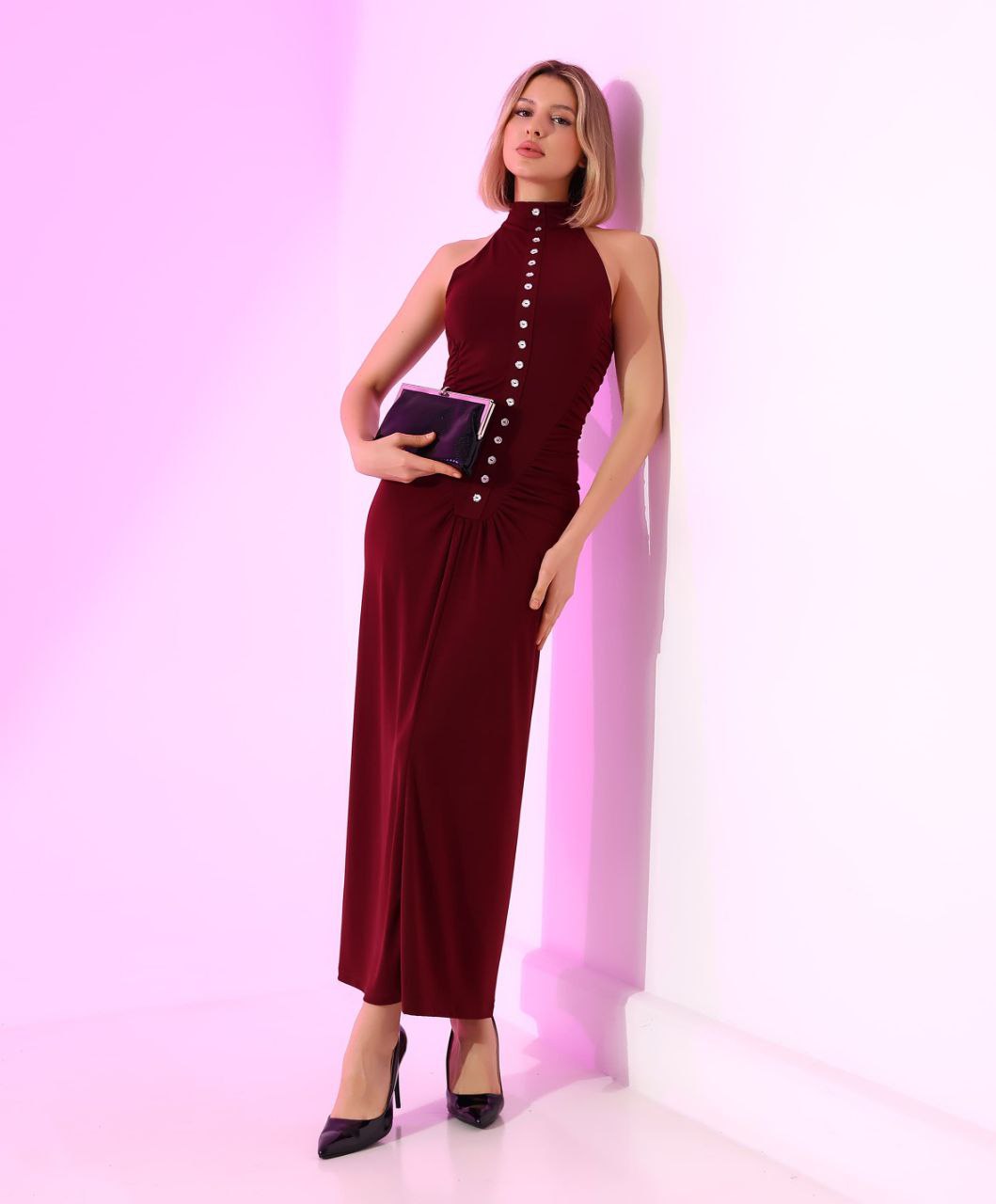 Düğmeli Halter Maxi Elbise