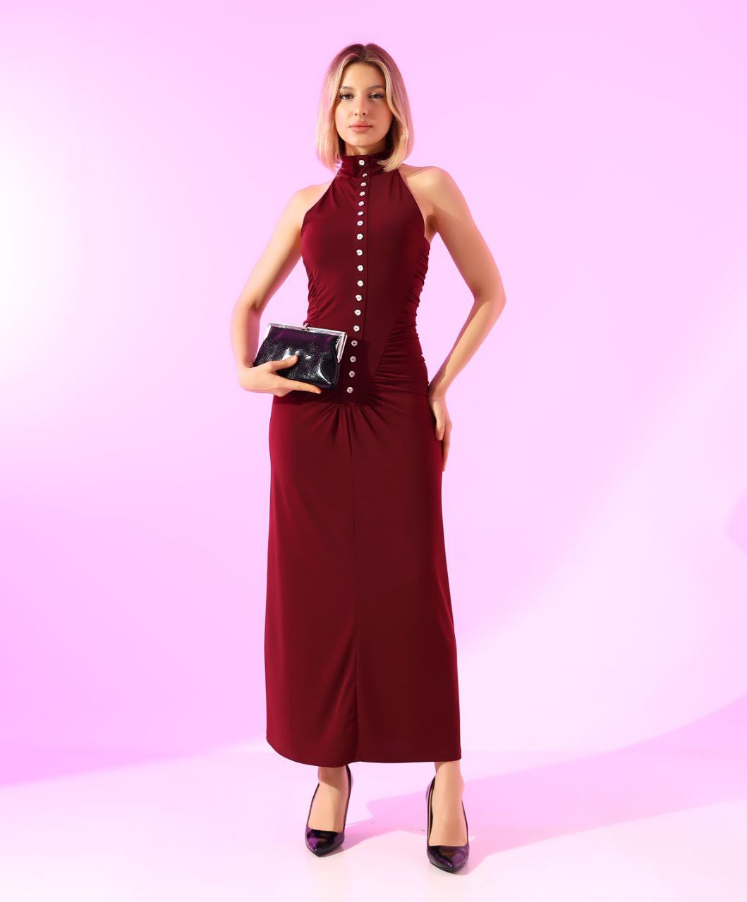 Düğmeli Halter Maxi Elbise
