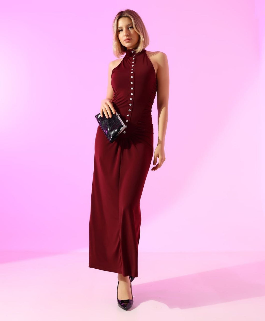 Düğmeli Halter Maxi Elbise