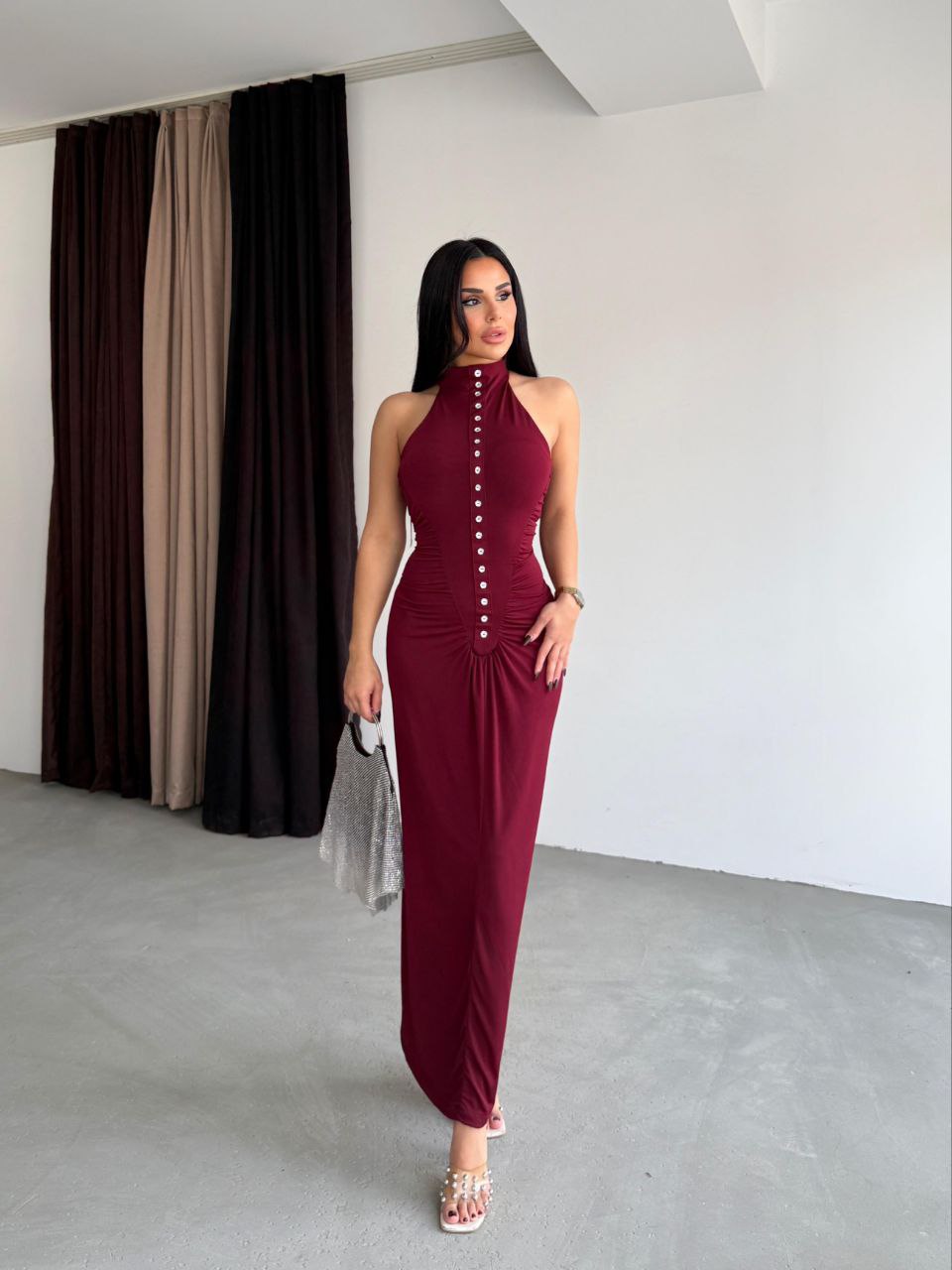 Düğmeli Halter Maxi Elbise