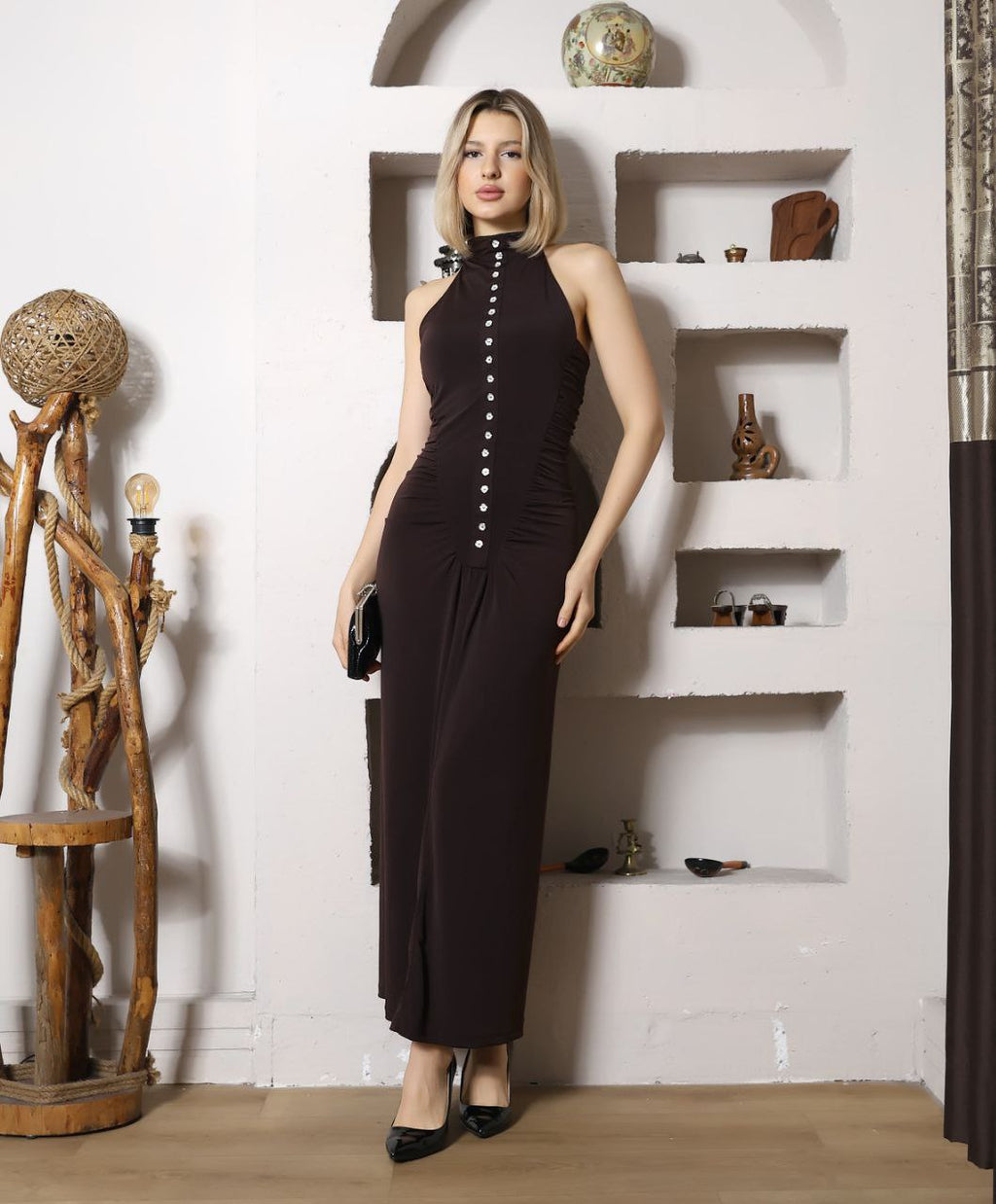 Düğmeli Halter Maxi Elbise