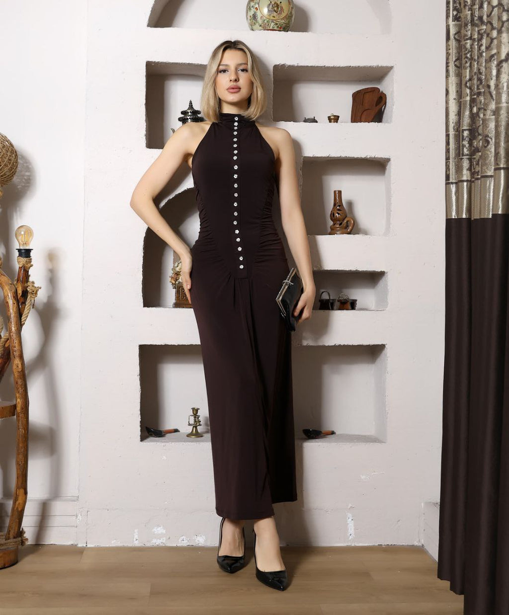 Düğmeli Halter Maxi Elbise