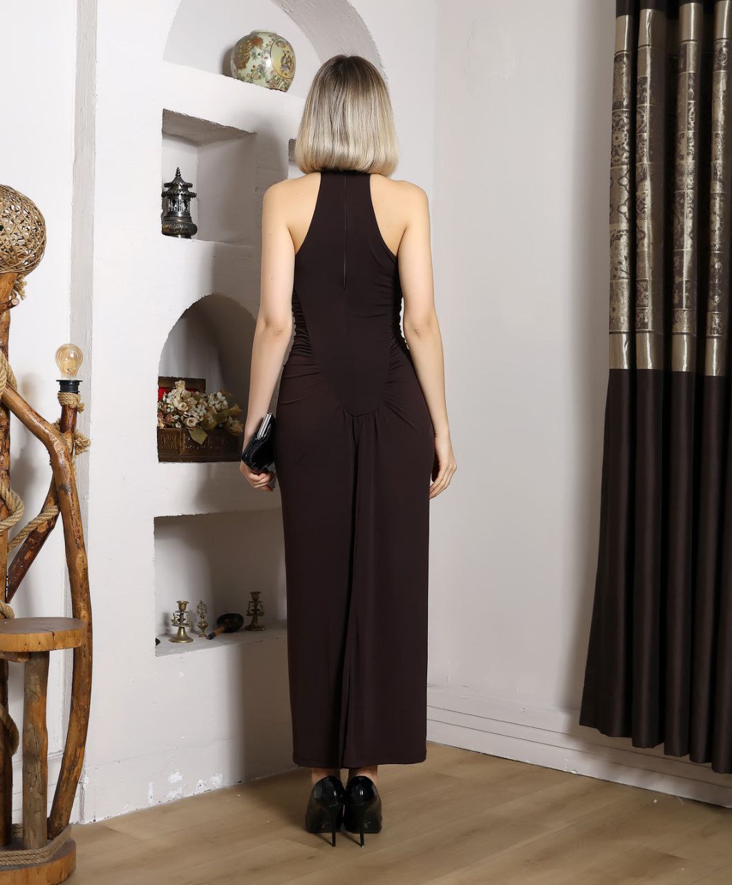 Düğmeli Halter Maxi Elbise