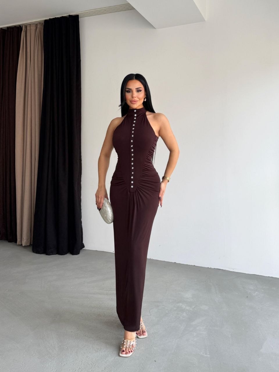 Düğmeli Halter Maxi Elbise