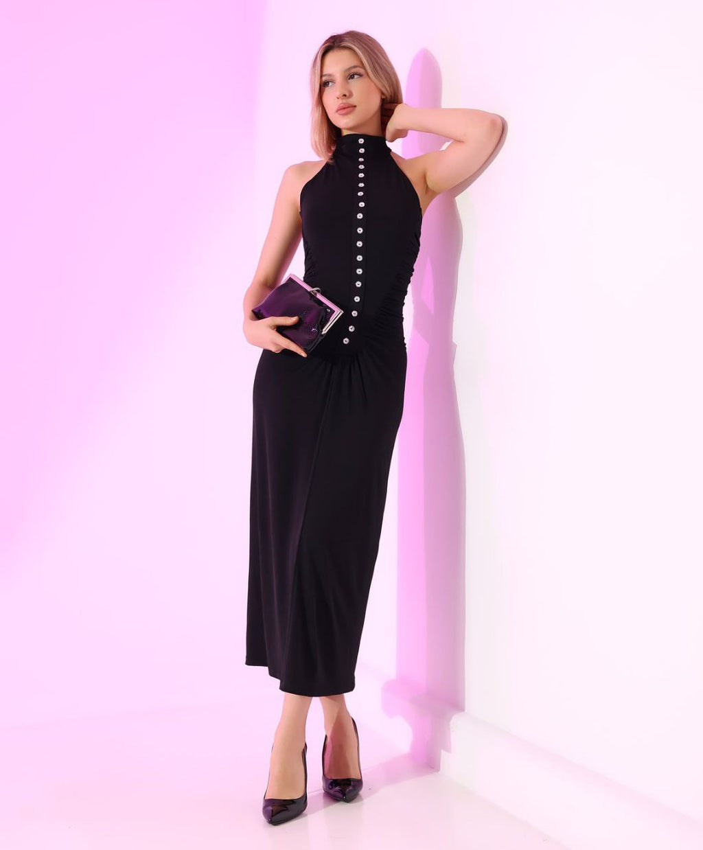 Düğmeli Halter Maxi Elbise