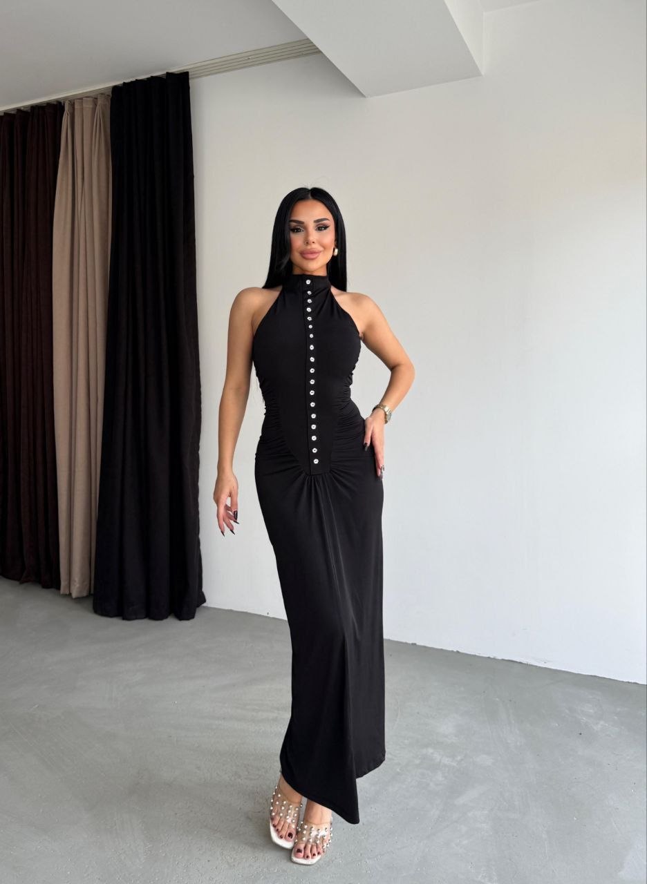 Düğmeli Halter Maxi Elbise