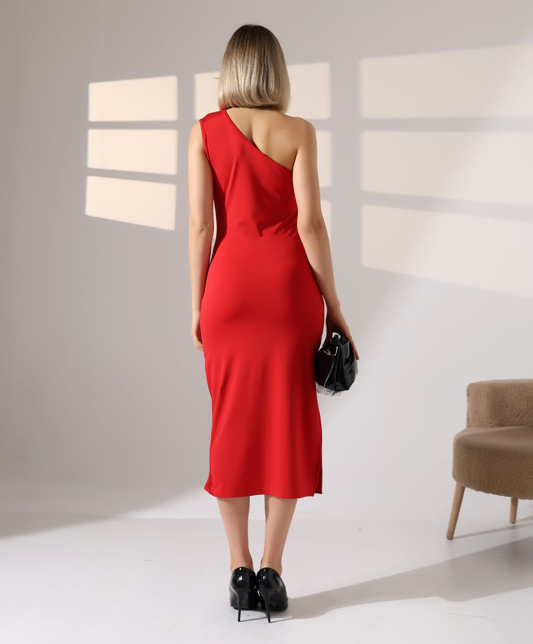 Kırmızı Drape Detaylı Kolsuz Midi Elbise