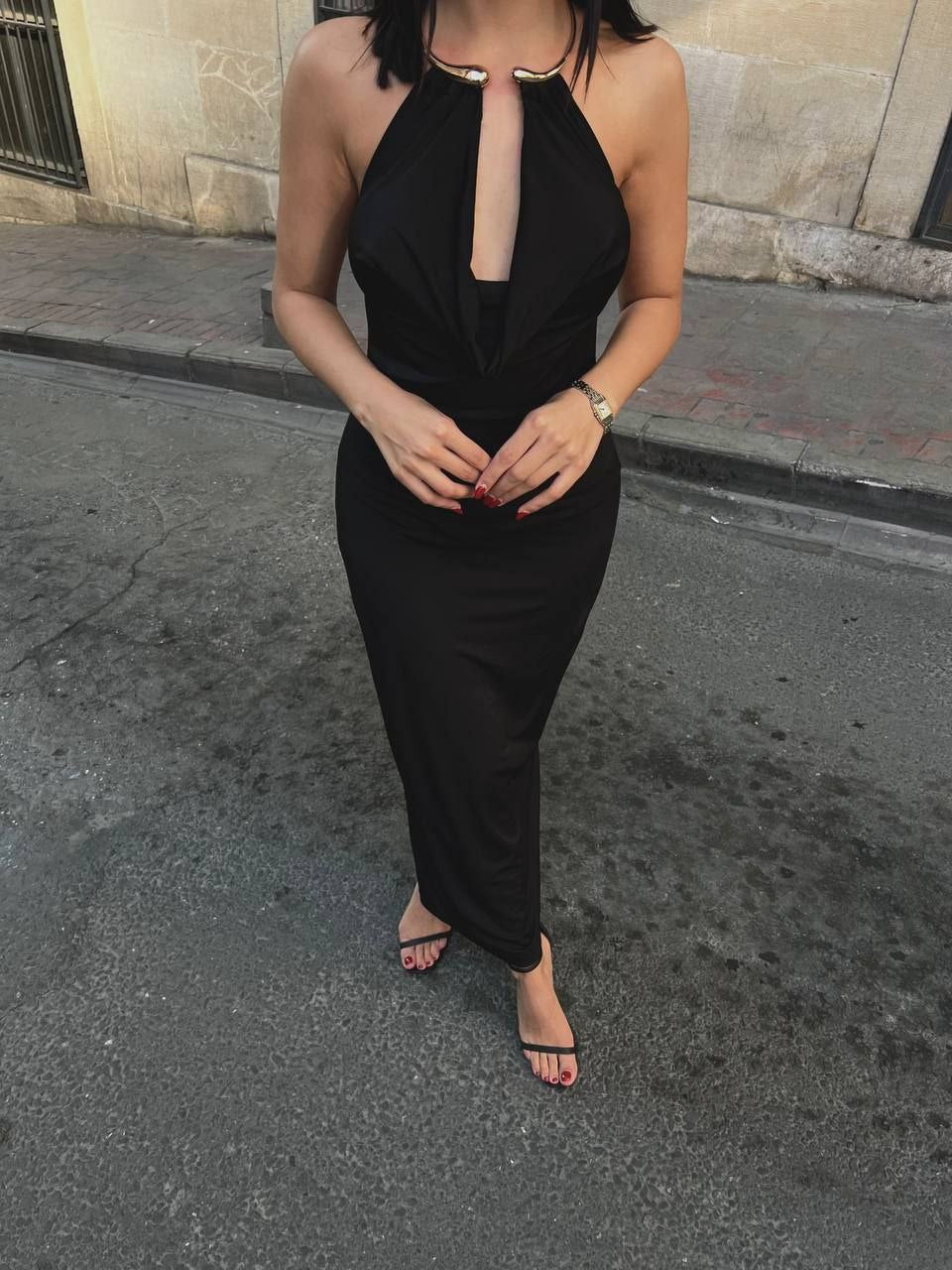 Keyhole Halter Maxi Elbise
