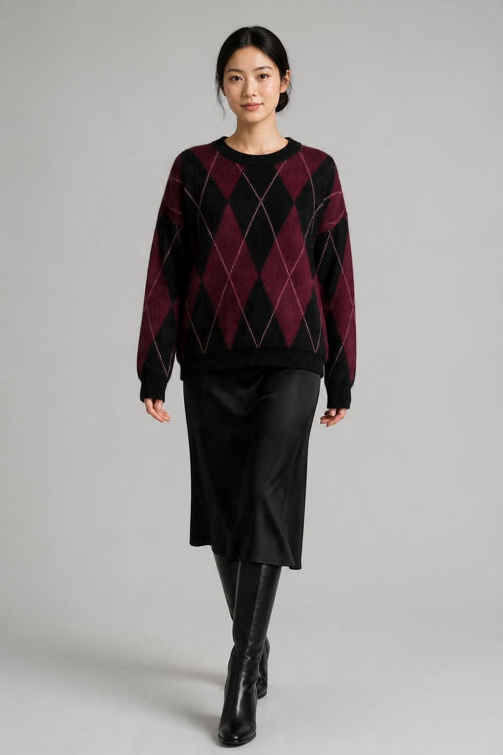 Argyle Desenli Triko Kazak Bordo