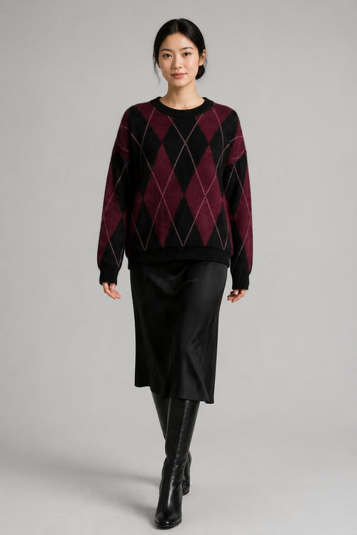Argyle Desenli Triko Kazak Bordo