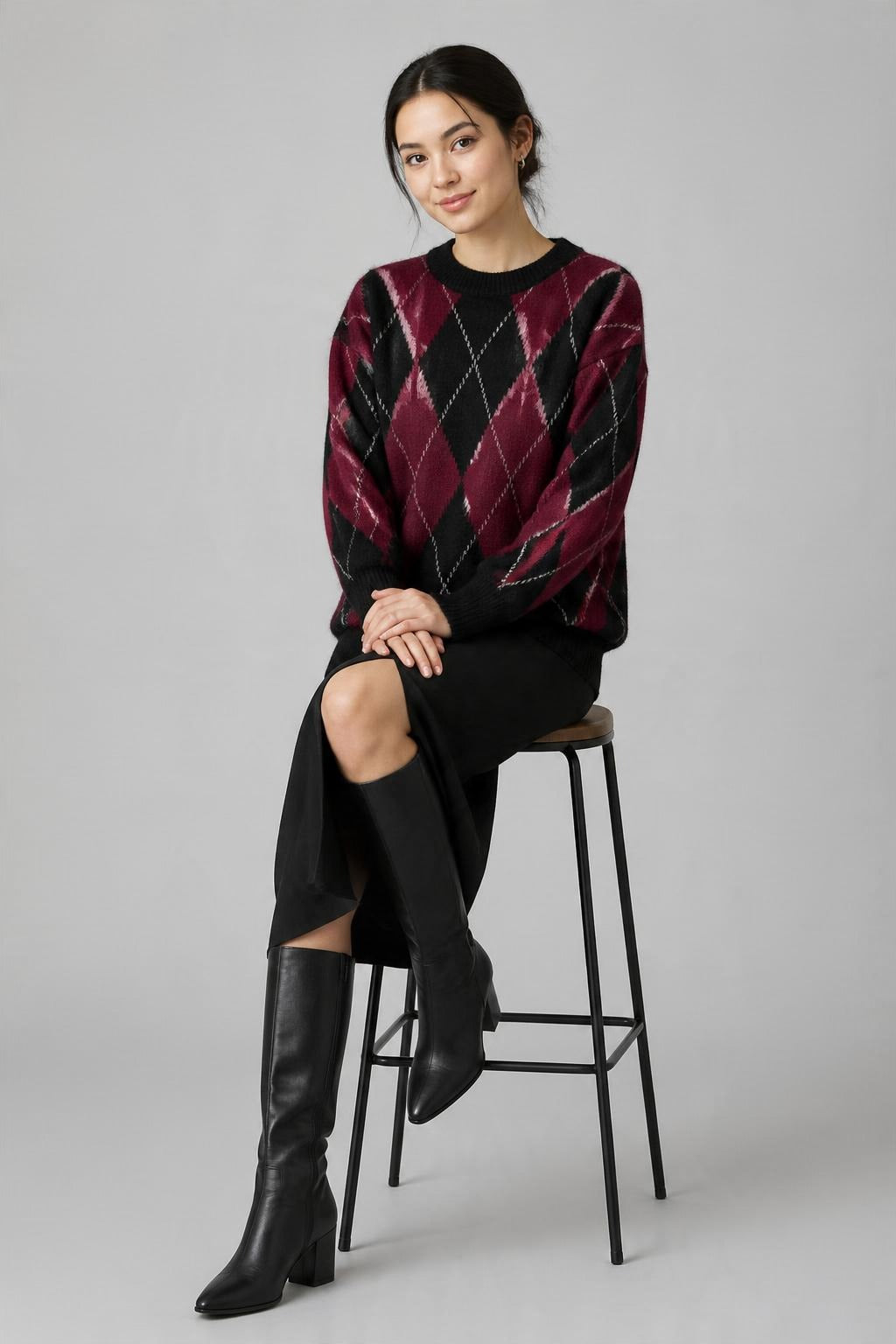 Argyle Desenli Triko Kazak Bordo
