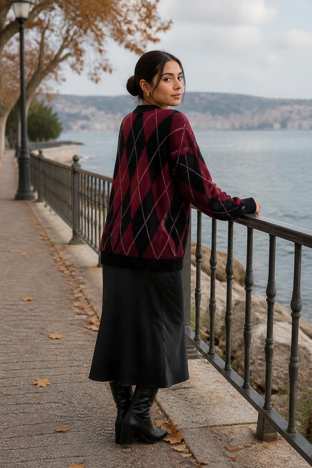 Argyle Desenli Triko Kazak Bordo