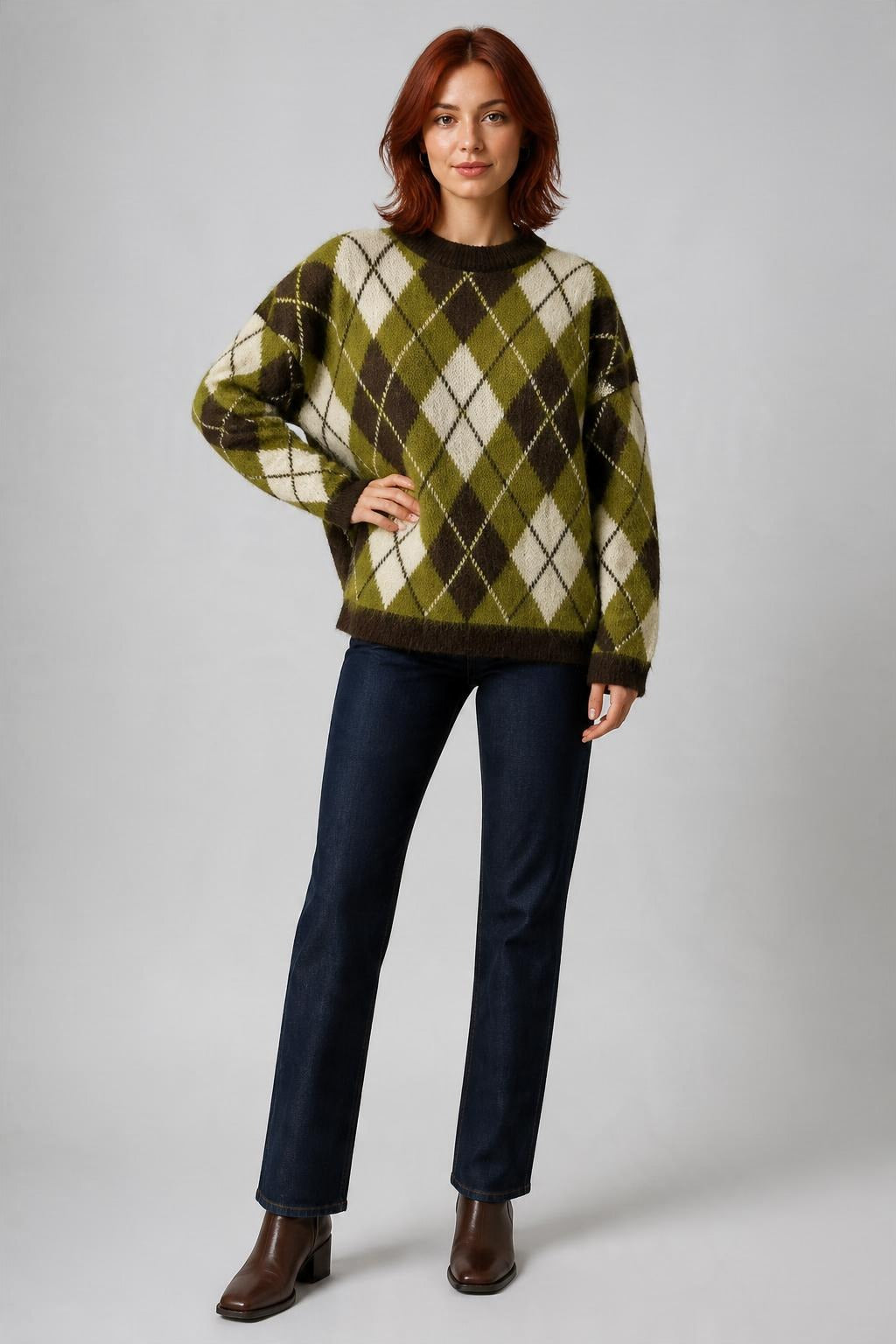 Argyle Desenli Oversize Triko Kazak Haki