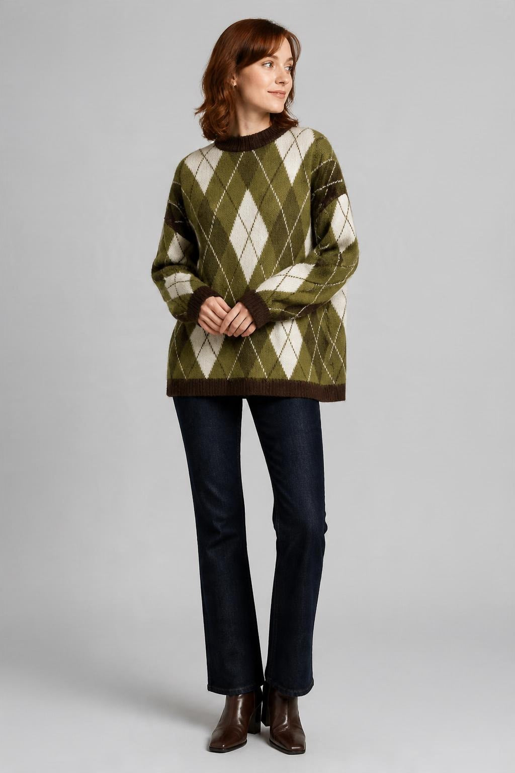Argyle Desenli Oversize Triko Kazak Haki