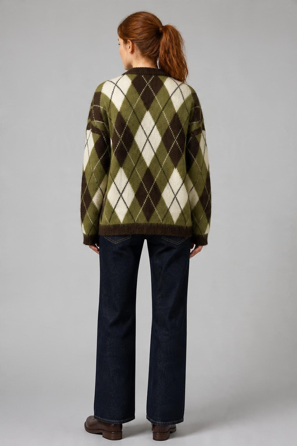 Argyle Desenli Oversize Triko Kazak Haki