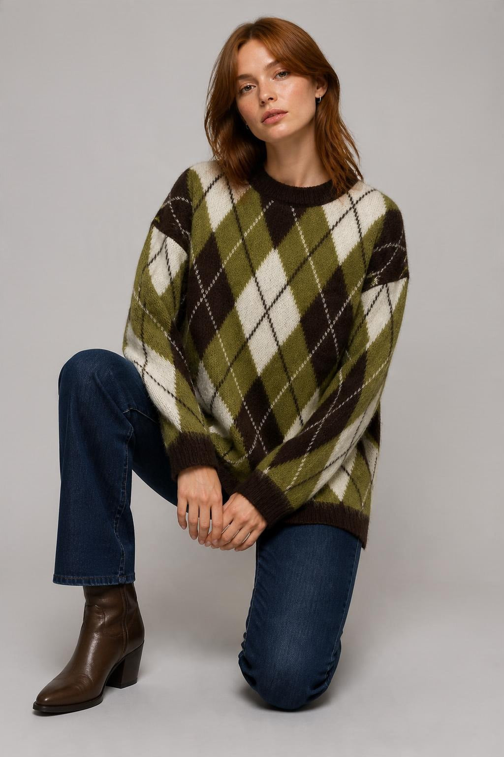 Argyle Desenli Oversize Triko Kazak Haki