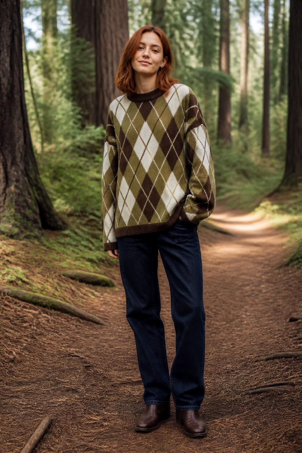 Argyle Desenli Oversize Triko Kazak Haki