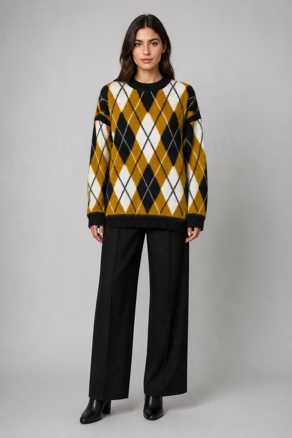 Argyle Desenli Oversize Triko Kazak Hardal