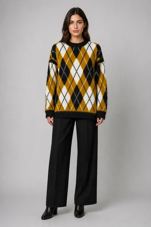 Argyle Desenli Oversize Triko Kazak Hardal