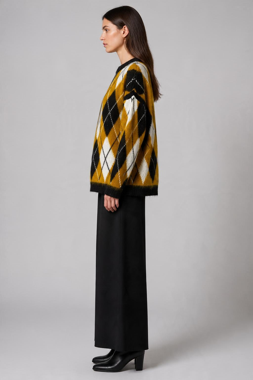 Argyle Desenli Oversize Triko Kazak Hardal