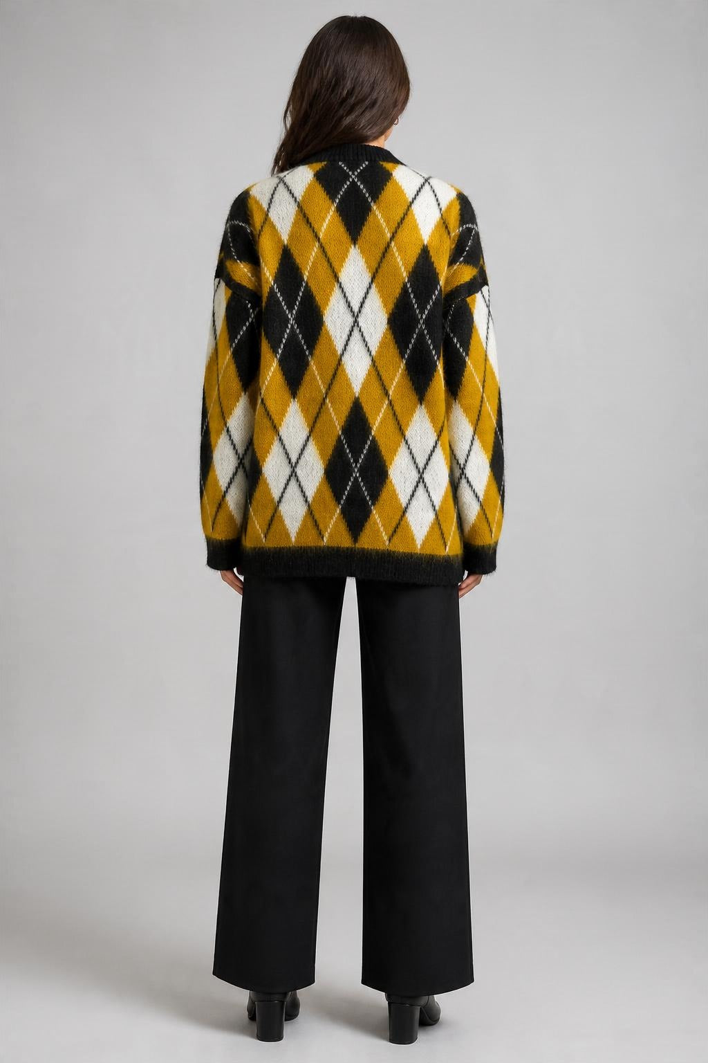 Argyle Desenli Oversize Triko Kazak Hardal