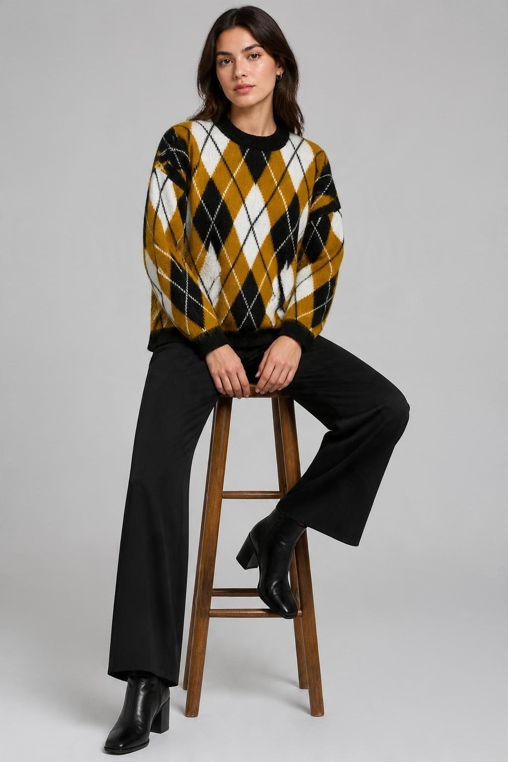 Argyle Desenli Oversize Triko Kazak Hardal