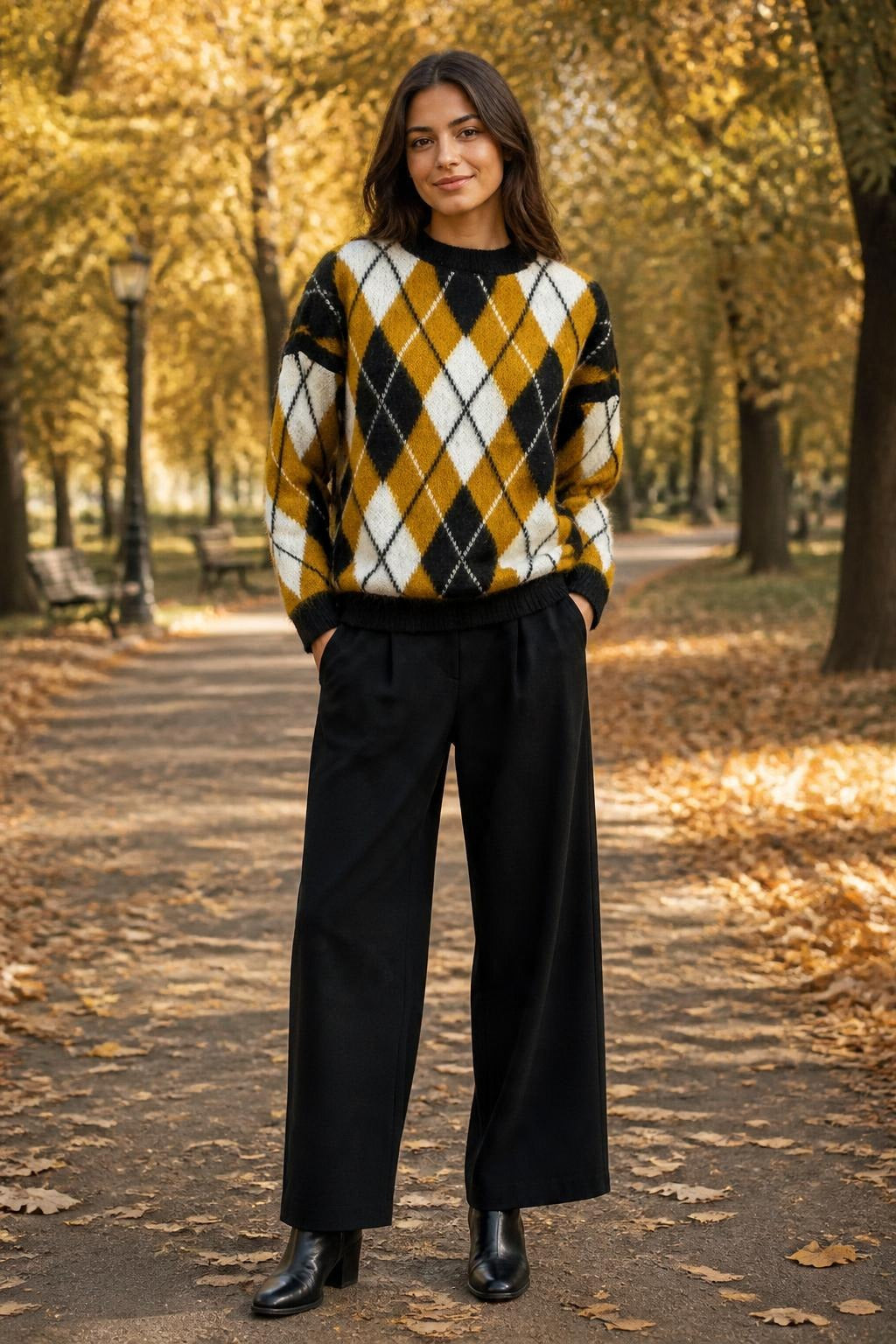 Argyle Desenli Oversize Triko Kazak Hardal