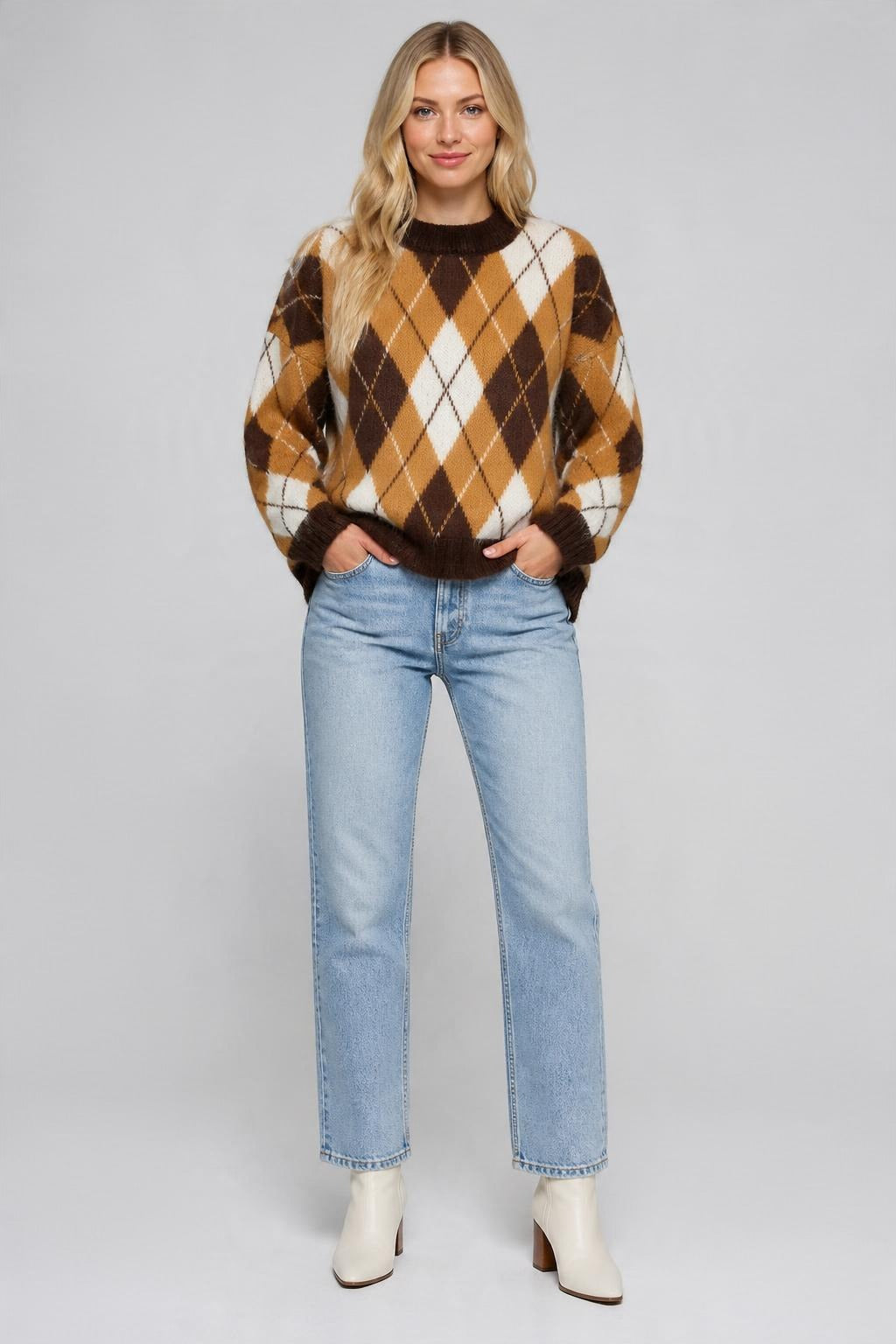 Argyle Desenli Oversize Triko Kazak Kahverengi