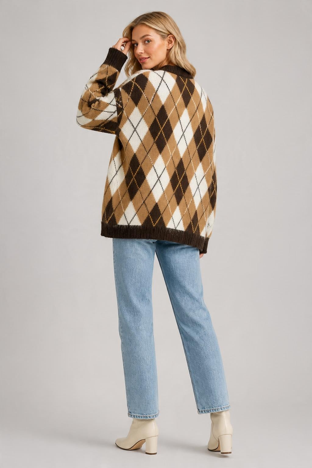 Argyle Desenli Oversize Triko Kazak Kahverengi