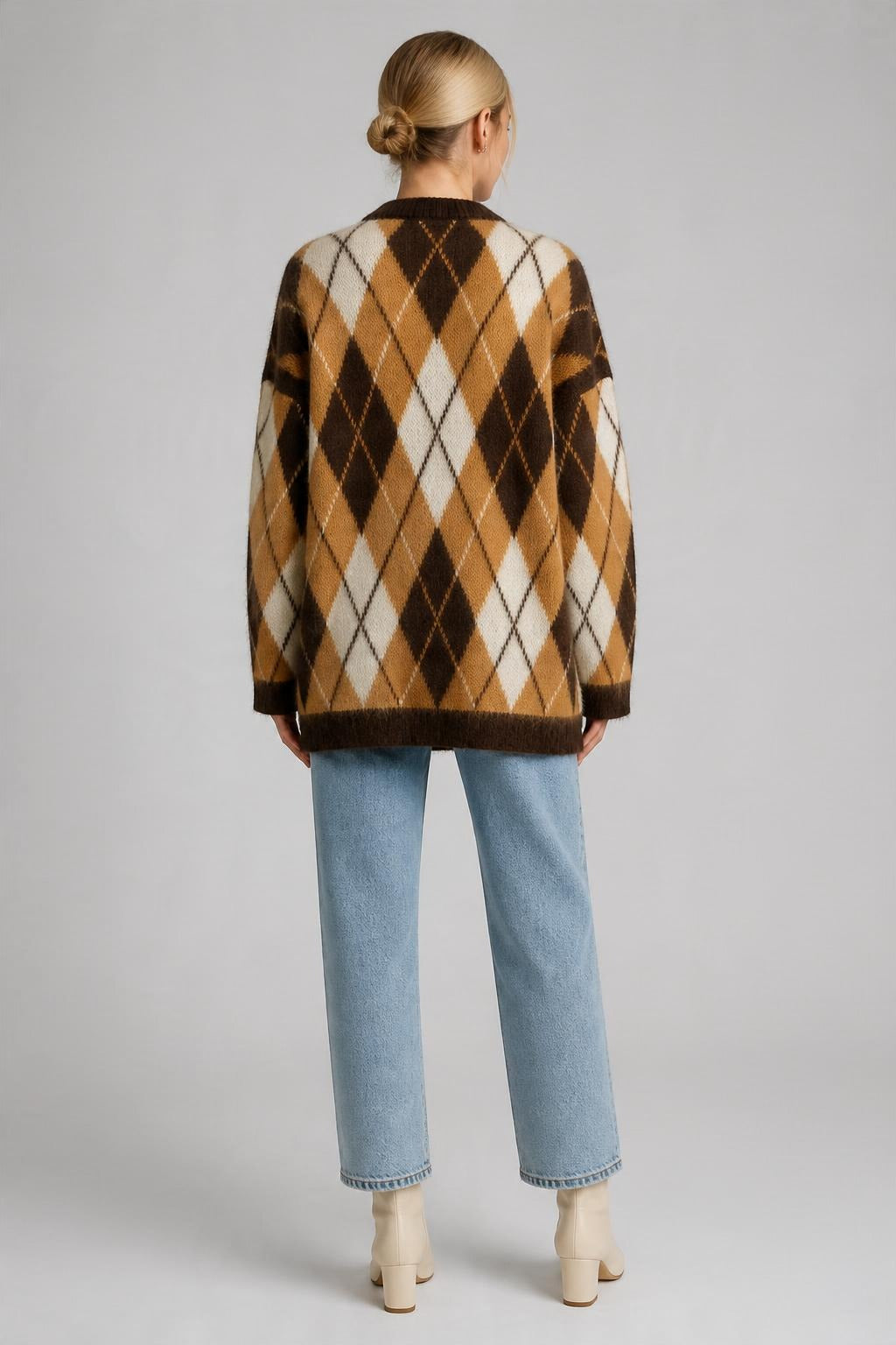 Argyle Desenli Oversize Triko Kazak Kahverengi