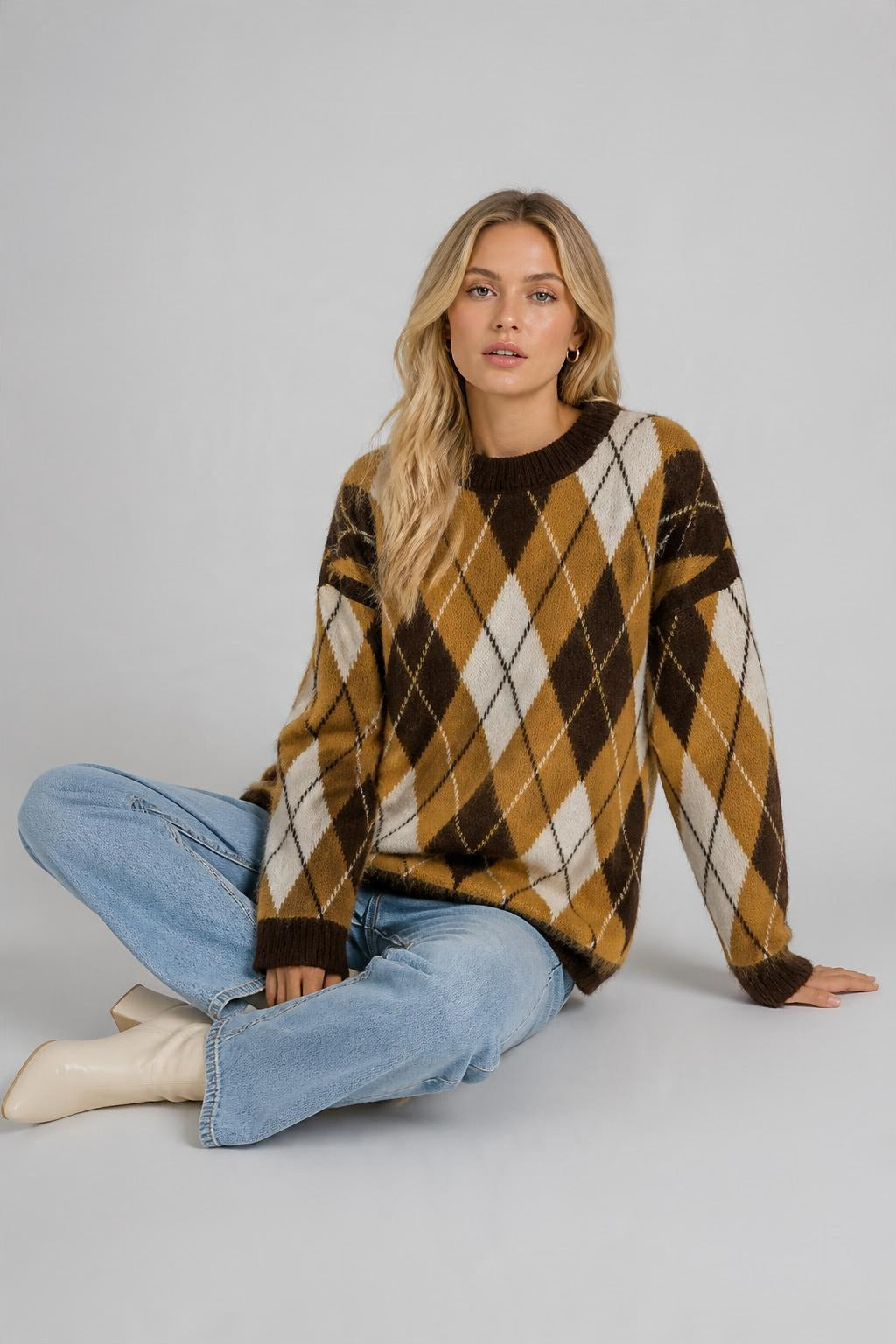 Argyle Desenli Oversize Triko Kazak Kahverengi