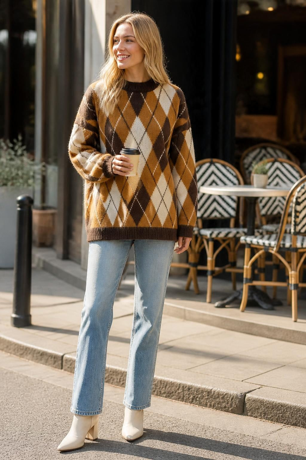 Argyle Desenli Oversize Triko Kazak Kahverengi