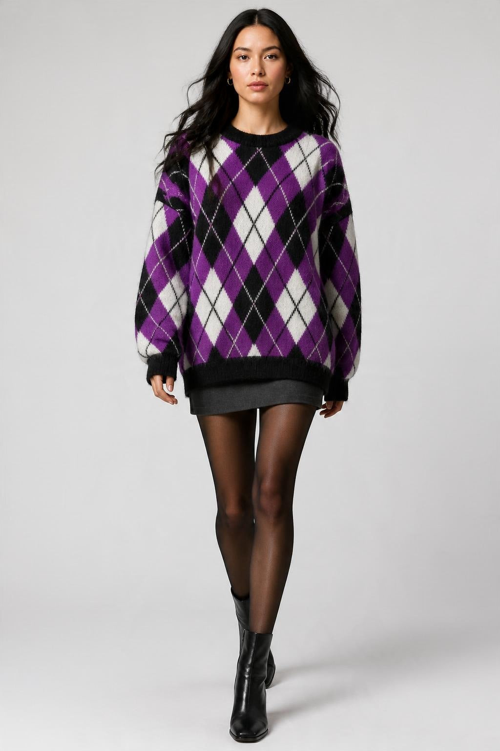 Argyle Desenli Oversize Triko Kazak Mor