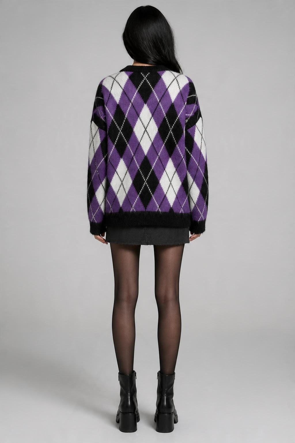 Argyle Desenli Oversize Triko Kazak Mor